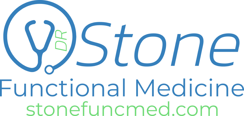 Logo for Dr. Stone Functional Medicine featuring a blue stethoscope forming the letter "O" in "Stone," with "DR" inside the stethoscope, and the website stonefuncmed.com below in green.