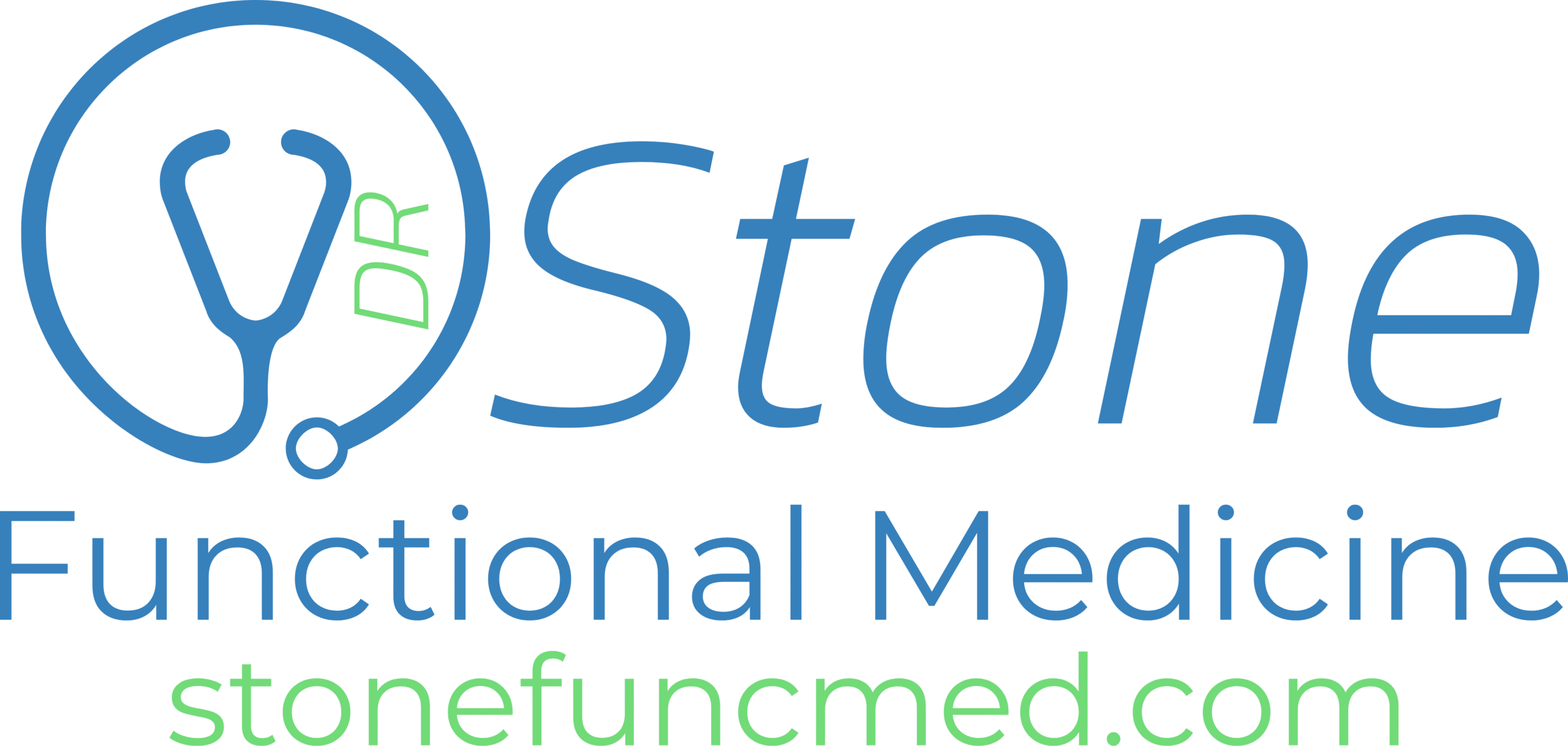 Logo for Dr. Stone Functional Medicine featuring a blue stethoscope forming the letter "O" in "Stone," with "DR" inside the stethoscope, and the website stonefuncmed.com below in green.