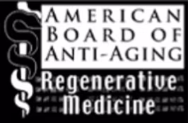 Logo for the American Board of Anti-Aging & Regenerative Medicine, featuring a caduceus symbol on the left and the organization's name in bold text on a black and white background.